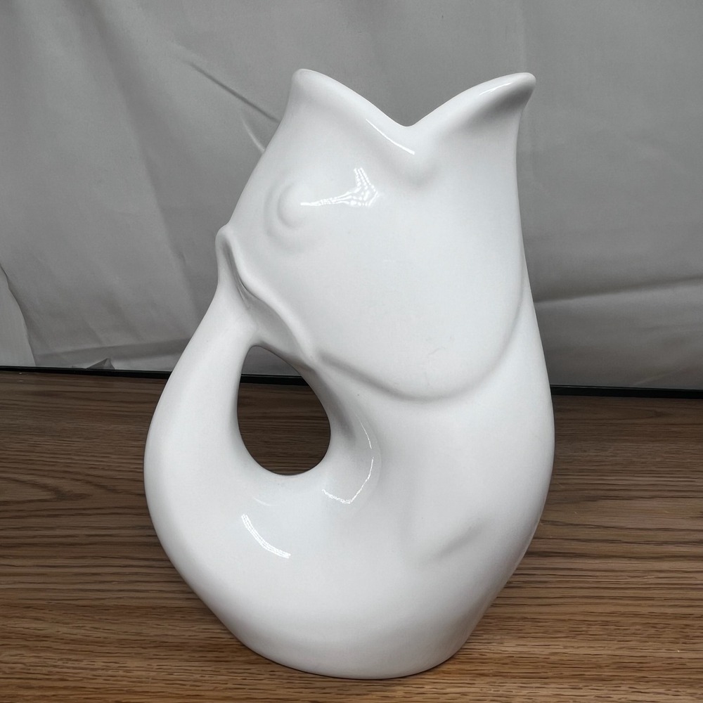 GurglePot White Stoneware Fish Pitcher 9.5 Inch Coastal Whimsical Decor